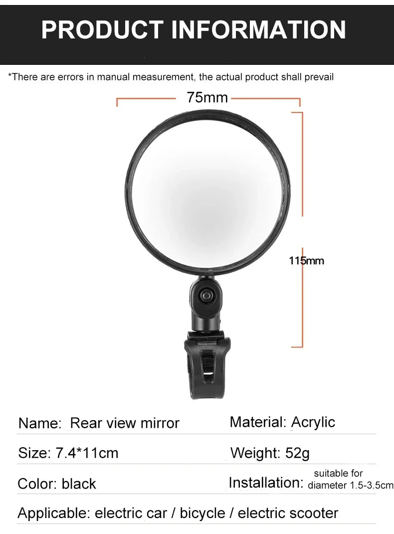 2PCS Universal Bicycle Rearview Mirror - 360° Rotatable Convex HD Mirror - Wide Angle Safety Reflector for MTB, Road Bike &amp; E-Bike