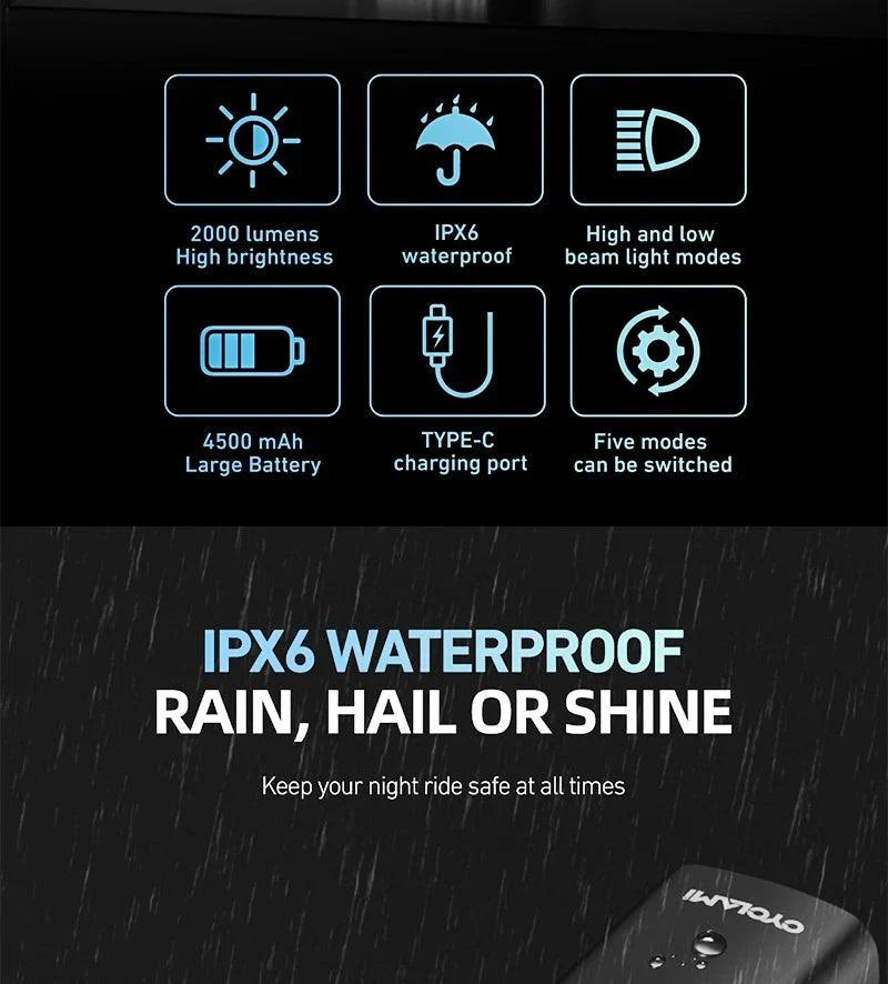 CYCLAMI Super Bright Bike Front Light - IPX6 Waterproof LED Headlight - Type-C Rechargeable Night Riding Safety Lamp for MTB &amp; Road