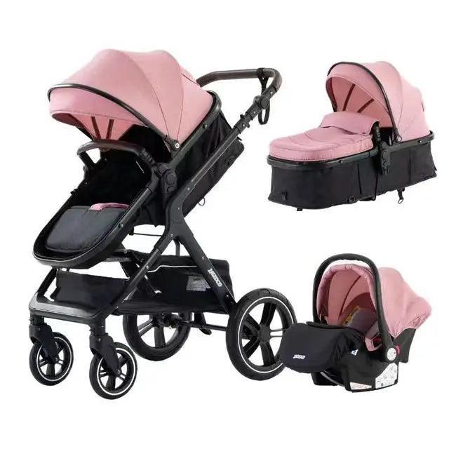 YAZACO 3-in-1 Baby Stroller Travel System - Portable Folding Pram with Car Seat &amp; 2-in-1 Carrycot - Luxury Multi-Function Stroller for 0-3 Years