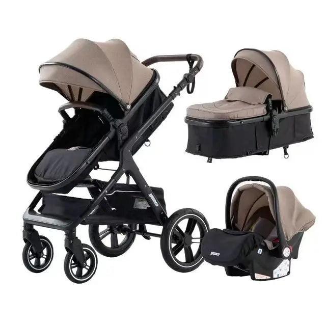 YAZACO 3-in-1 Baby Stroller Travel System - Portable Folding Pram with Car Seat &amp; 2-in-1 Carrycot - Luxury Multi-Function Stroller for 0-3 Years