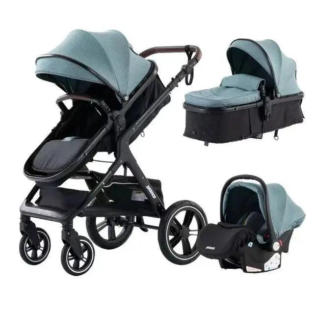 YAZACO 3-in-1 Baby Stroller Travel System - Portable Folding Pram with Car Seat &amp; 2-in-1 Carrycot - Luxury Multi-Function Stroller for 0-3 Years