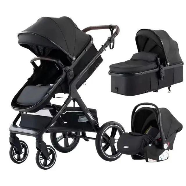 YAZACO 3-in-1 Baby Stroller Travel System - Portable Folding Pram with Car Seat &amp; 2-in-1 Carrycot - Luxury Multi-Function Stroller for 0-3 Years