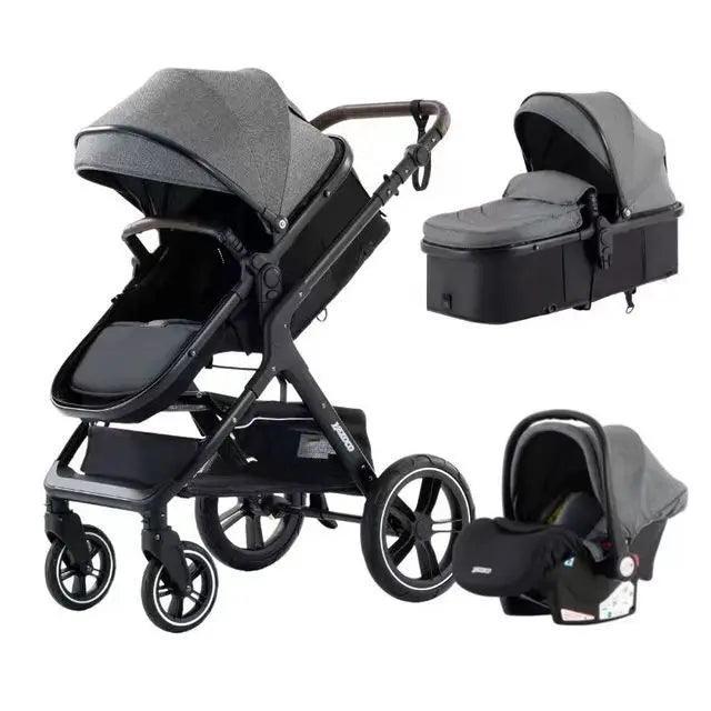 YAZACO 3-in-1 Baby Stroller Travel System - Portable Folding Pram with Car Seat &amp; 2-in-1 Carrycot - Luxury Multi-Function Stroller for 0-3 Years