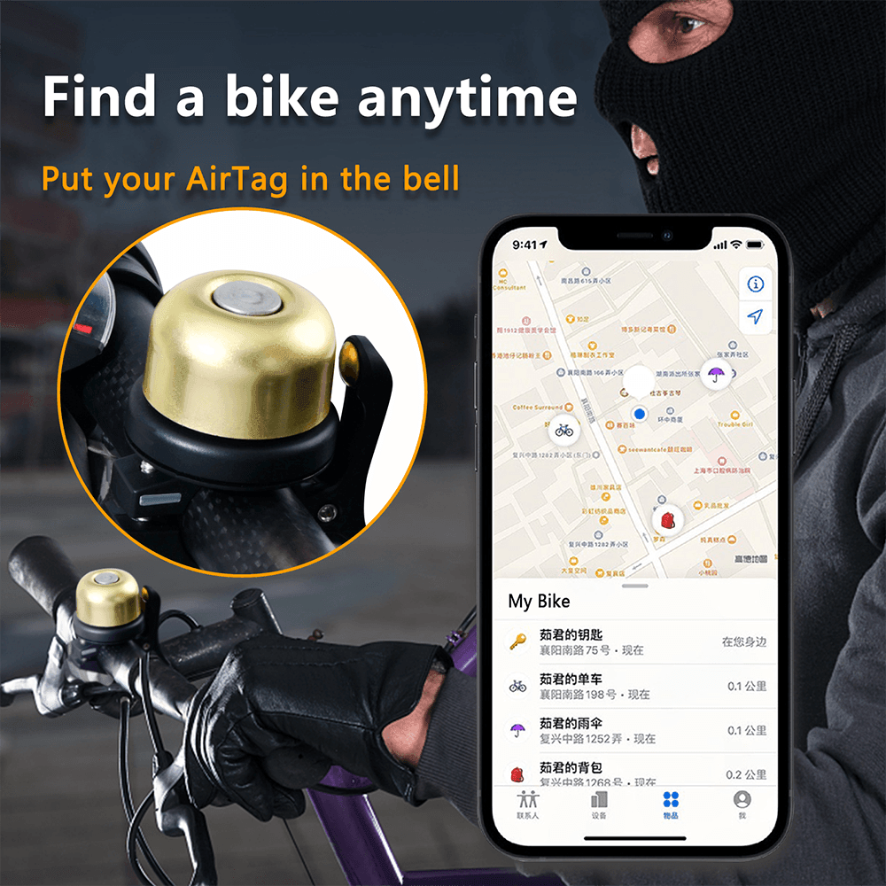 Toptrek Invisible Bike Bell for Apple AirTag - Hidden Anti-Theft GPS Tracker Mount - Classic Brass Sound &amp; Waterproof Design - Fits 21-25mm Handlebars