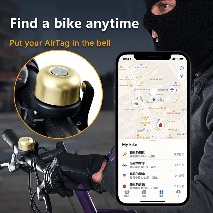 Toptrek Invisible Bike Bell for Apple AirTag - Hidden Anti-Theft GPS Tracker Mount - Classic Brass Sound &amp; Waterproof Design - Fits 21-25mm Handlebars