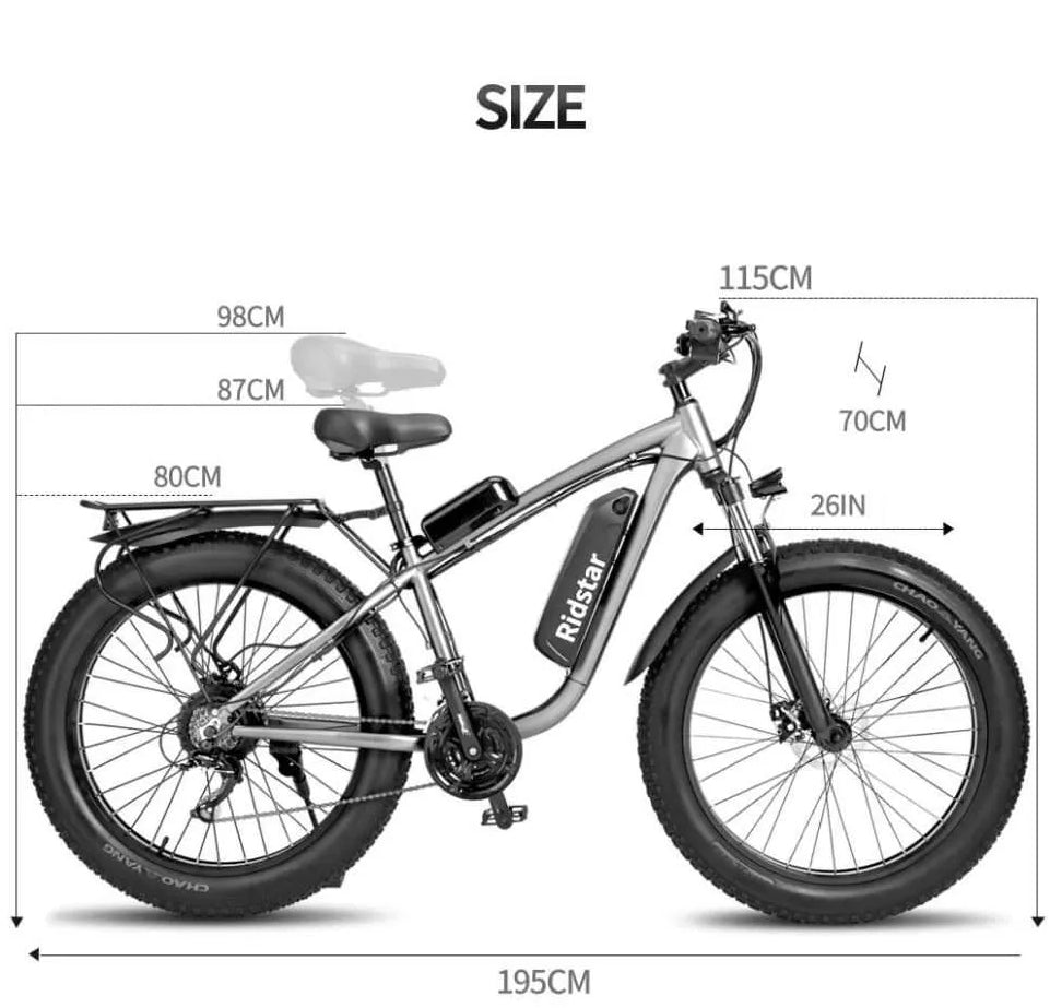 Ridstar E26 1000W Fat Tire Electric Bike | 48V 15.6Ah Battery, 28+ MPH, 26" x 4.0" All-Terrain Full Suspension Mountain E-Bike