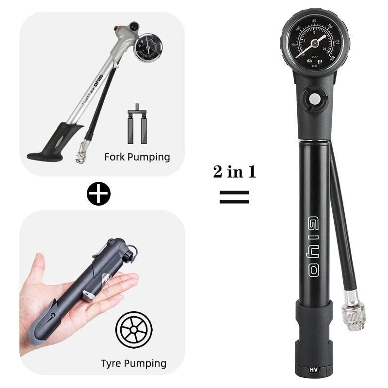 Giyo GS-41E 2-in-1 MTB Shock &amp; Tire Pump - 300 PSI High Pressure Suspension Pump - HP/HV Dual Mode Inflator for Fork &amp; Rear Shock