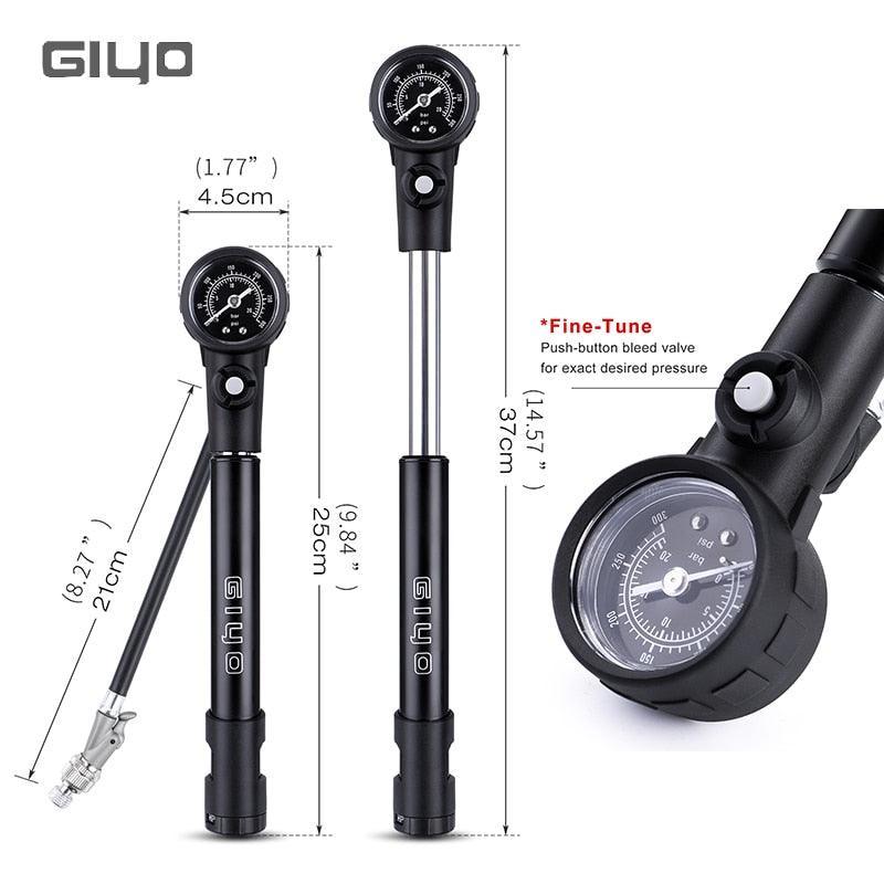 Giyo GS-41E 2-in-1 MTB Shock &amp; Tire Pump - 300 PSI High Pressure Suspension Pump - HP/HV Dual Mode Inflator for Fork &amp; Rear Shock