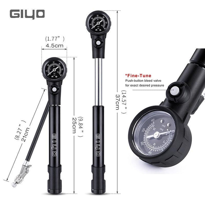 Giyo GS-41E 2-in-1 MTB Shock &amp; Tire Pump - 300 PSI High Pressure Suspension Pump - HP/HV Dual Mode Inflator for Fork &amp; Rear Shock