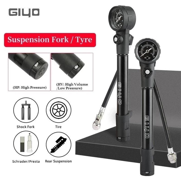 Giyo GS-41E 2-in-1 MTB Shock &amp; Tire Pump - 300 PSI High Pressure Suspension Pump - HP/HV Dual Mode Inflator for Fork &amp; Rear Shock