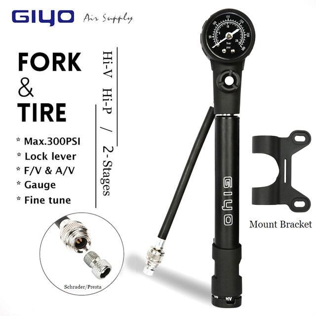 Giyo GS-41E 2-in-1 MTB Shock &amp; Tire Pump - 300 PSI High Pressure Suspension Pump - HP/HV Dual Mode Inflator for Fork &amp; Rear Shock