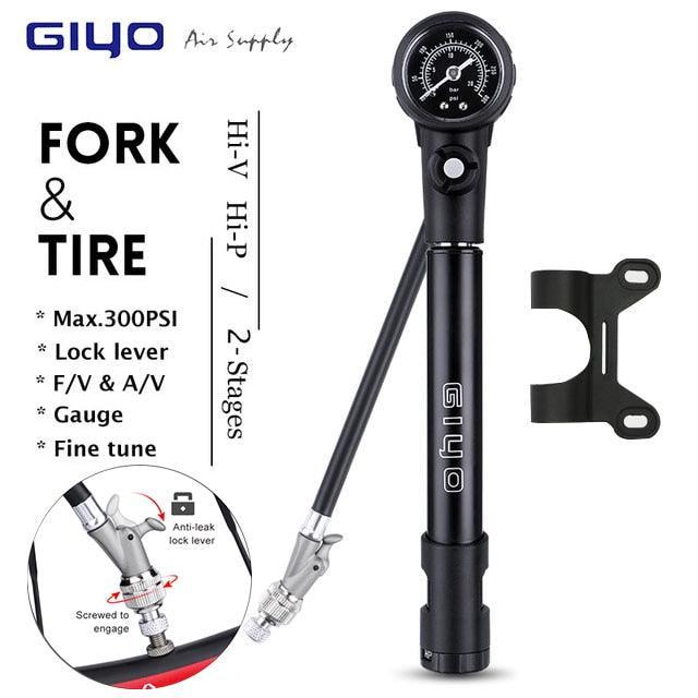 Giyo GS-41E 2-in-1 MTB Shock &amp; Tire Pump - 300 PSI High Pressure Suspension Pump - HP/HV Dual Mode Inflator for Fork &amp; Rear Shock