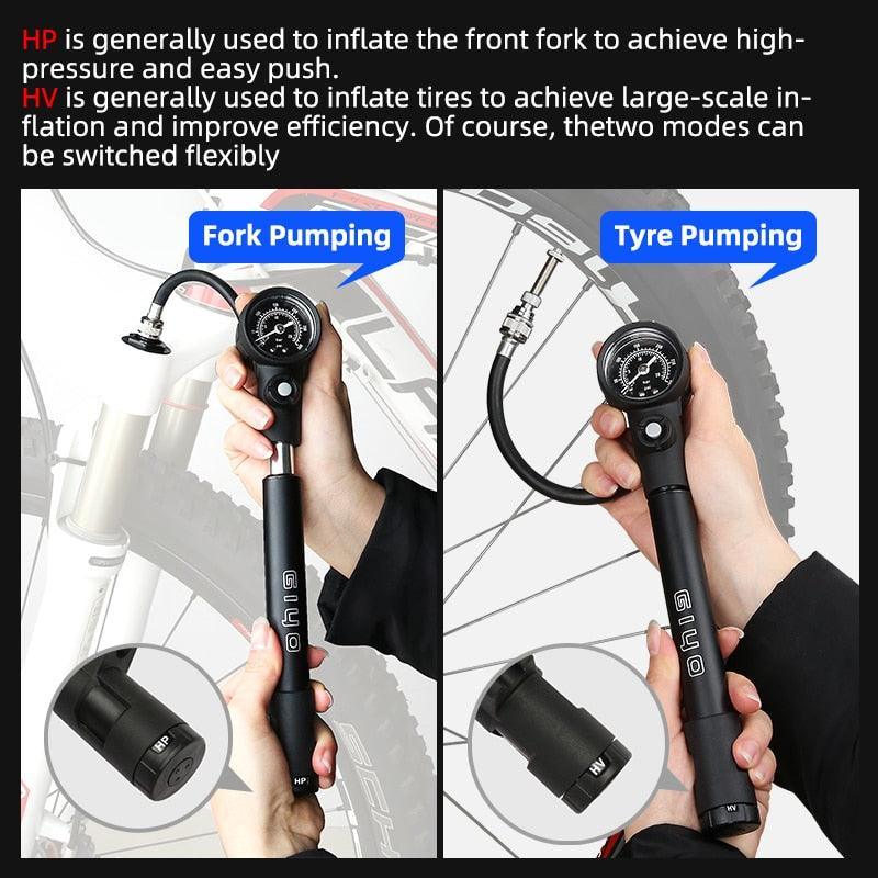 Giyo GS-41E 2-in-1 MTB Shock &amp; Tire Pump - 300 PSI High Pressure Suspension Pump - HP/HV Dual Mode Inflator for Fork &amp; Rear Shock