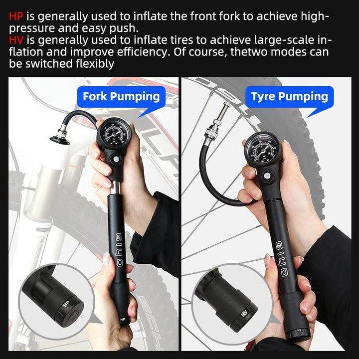 Giyo GS-41E 2-in-1 MTB Shock &amp; Tire Pump - 300 PSI High Pressure Suspension Pump - HP/HV Dual Mode Inflator for Fork &amp; Rear Shock