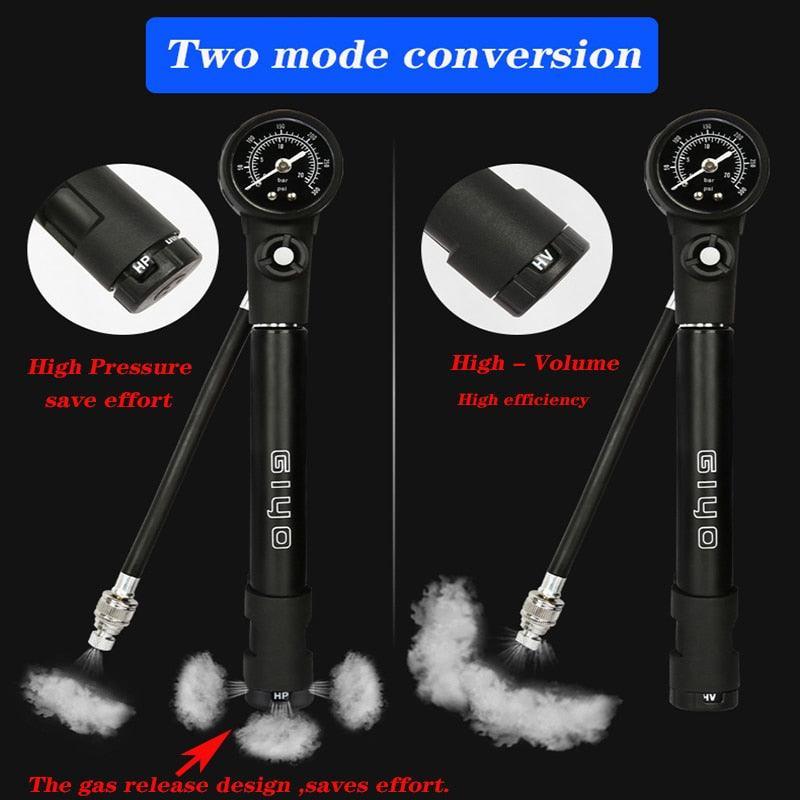 Giyo GS-41E 2-in-1 MTB Shock &amp; Tire Pump - 300 PSI High Pressure Suspension Pump - HP/HV Dual Mode Inflator for Fork &amp; Rear Shock
