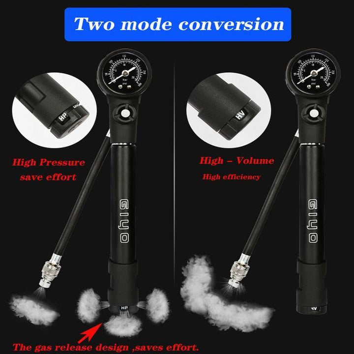 Giyo GS-41E 2-in-1 MTB Shock &amp; Tire Pump - 300 PSI High Pressure Suspension Pump - HP/HV Dual Mode Inflator for Fork &amp; Rear Shock