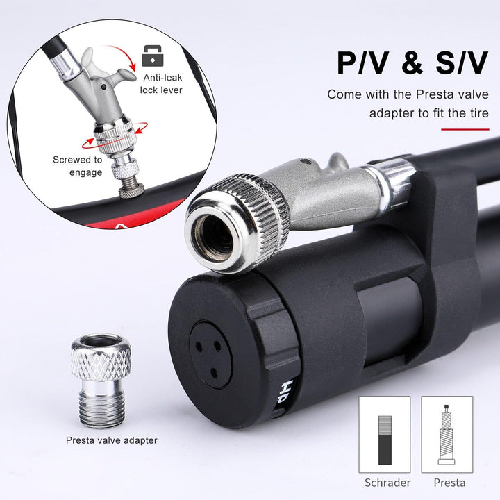Giyo GS-41E 2-in-1 MTB Shock &amp; Tire Pump - 300 PSI High Pressure Suspension Pump - HP/HV Dual Mode Inflator for Fork &amp; Rear Shock