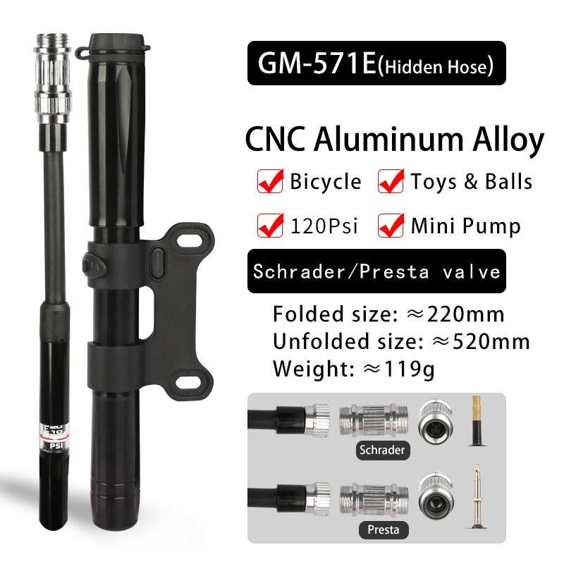 GIYO 120psi Portable Mini Bike Pump - Ultralight Aluminum Alloy Inflator - Hidden Hose Design for Presta &amp; Schrader Valves (GP-89/871A/GM-571E)