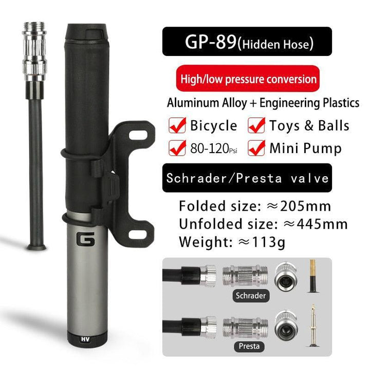 GIYO 120psi Portable Mini Bike Pump - Ultralight Aluminum Alloy Inflator - Hidden Hose Design for Presta &amp; Schrader Valves (GP-89/871A/GM-571E)