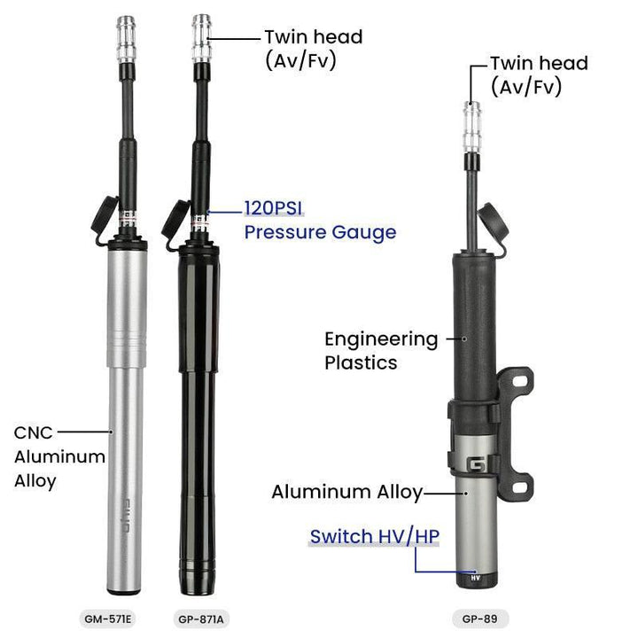 GIYO 120psi Portable Mini Bike Pump - Ultralight Aluminum Alloy Inflator - Hidden Hose Design for Presta &amp; Schrader Valves (GP-89/871A/GM-571E)