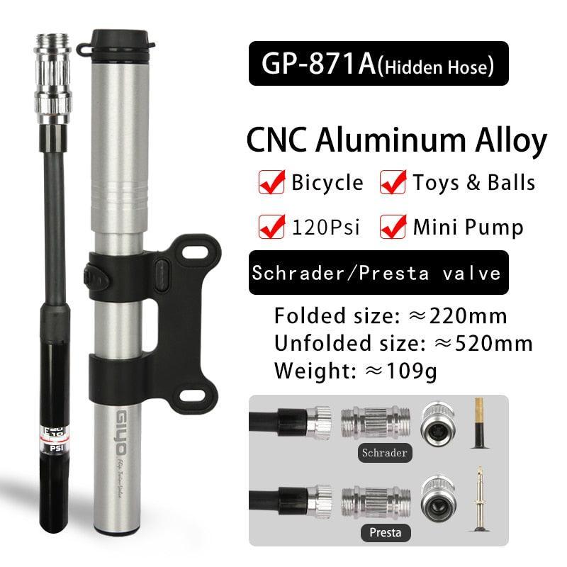 GIYO 120psi Portable Mini Bike Pump - Ultralight Aluminum Alloy Inflator - Hidden Hose Design for Presta &amp; Schrader Valves (GP-89/871A/GM-571E)