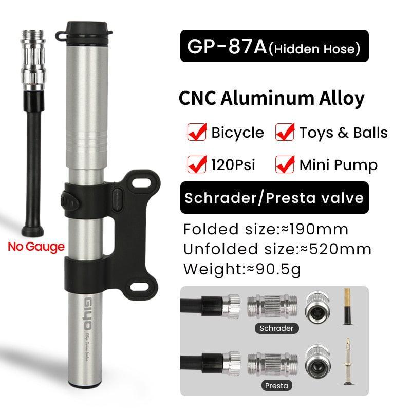 GIYO 120psi Portable Mini Bike Pump - Ultralight Aluminum Alloy Inflator - Hidden Hose Design for Presta &amp; Schrader Valves (GP-89/871A/GM-571E)