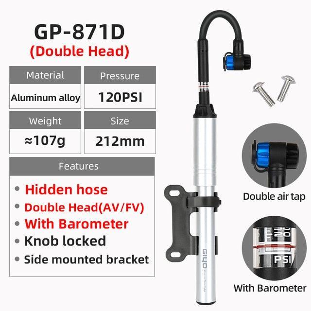 GIYO 120psi Portable Mini Bike Pump - Ultralight Aluminum Alloy Inflator - Hidden Hose Design for Presta &amp; Schrader Valves (GP-89/871A/GM-571E)