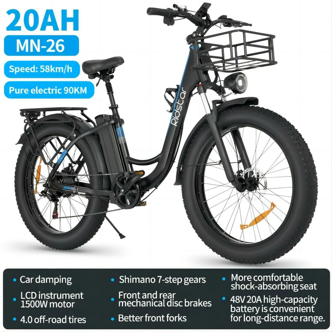 Ridstar MN26 Fat Tire Electric Bike 26 Inch 1500W Motor 48V 20Ah Step Through Commuter Ebike