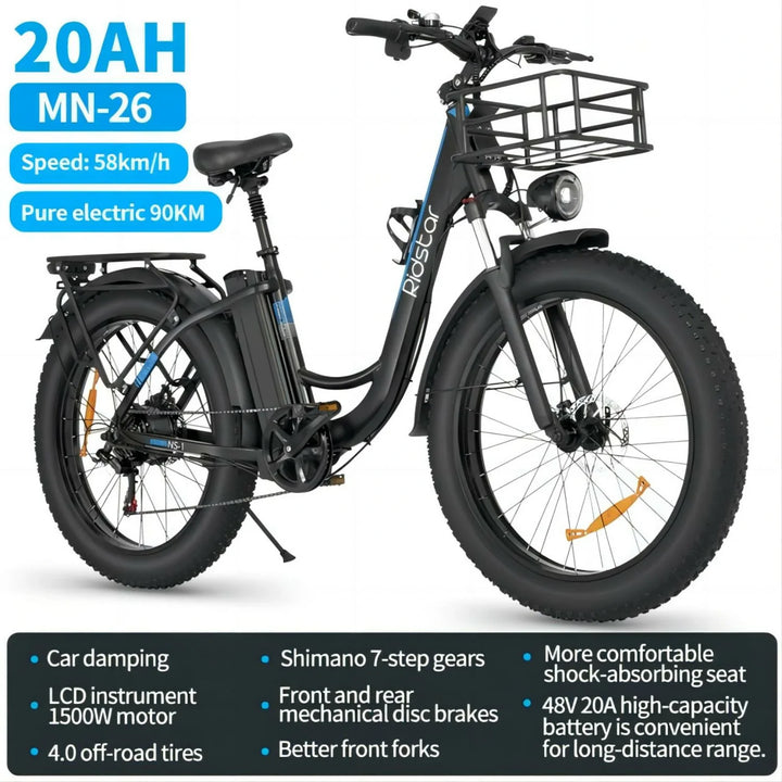 Ridstar MN26 Fat Tire Electric Bike 26 Inch 1500W Motor 48V 20Ah Step Through Commuter Ebike