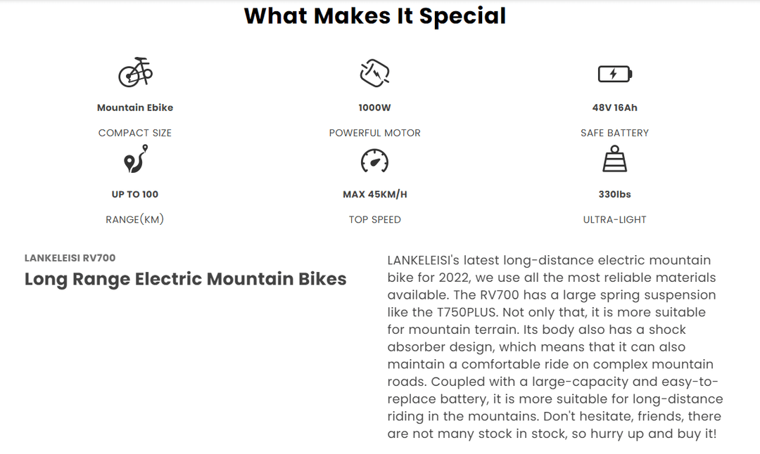 Lankeleisi RV700 Explorer Electric Mountain Bike with Dual Hydraulic Disc Brakes