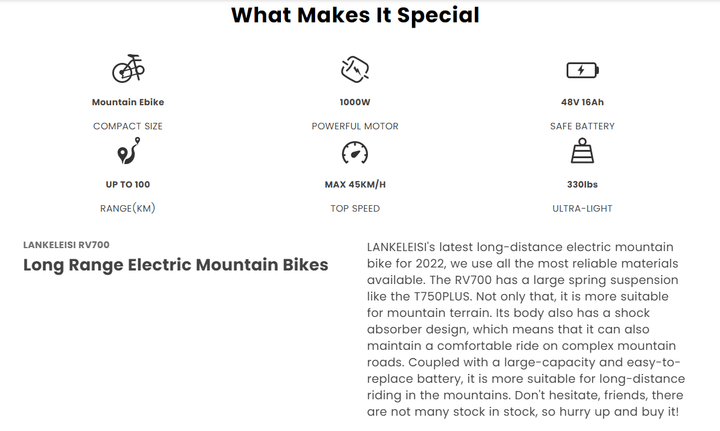 Lankeleisi RV700 Explorer Electric Mountain Bike with Dual Hydraulic Disc Brakes