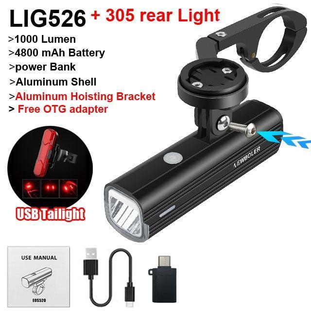 NEWBOLER 1000 Lumen Bicycle Light - 4800mAh High Capacity Battery - USB-C Rechargeable with Power Bank Function - Anti-Glare High/Low Beam Bike Lamp
