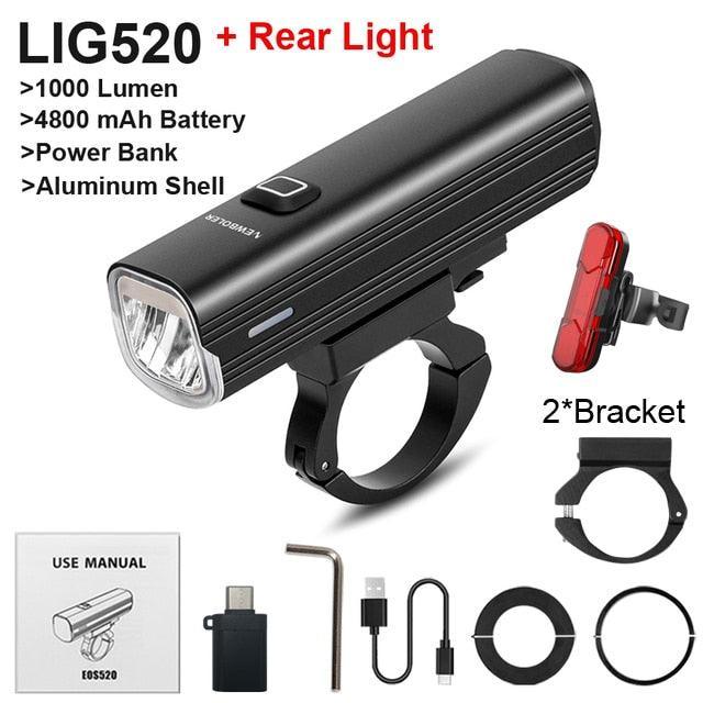 NEWBOLER 1000 Lumen Bicycle Light - 4800mAh High Capacity Battery - USB-C Rechargeable with Power Bank Function - Anti-Glare High/Low Beam Bike Lamp