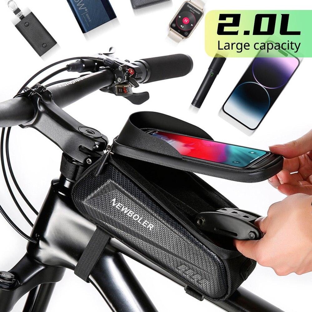 NEWBOLER 1.8L Waterproof Bike Frame Bag - Sensitive TPU Touchscreen (Up to 7.2") - EVA Hard Shell Top Tube Bag with Sun Visor &amp; Headphone Port