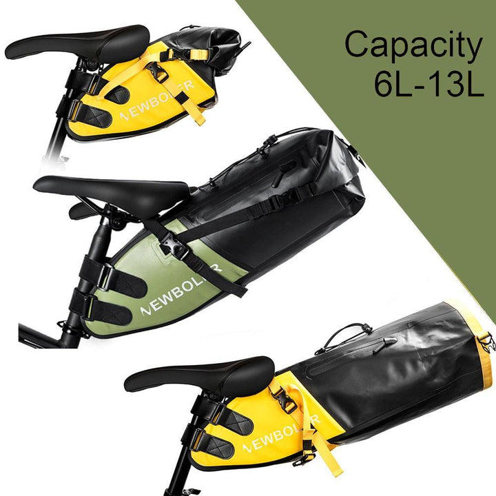 NEWBOLER 13L Bikepacking Saddle Bag - 100% Waterproof 500D PVC Tail Bag - Anti-Sway Seat Pack for Touring, MTB &amp; Long Distance Cycling