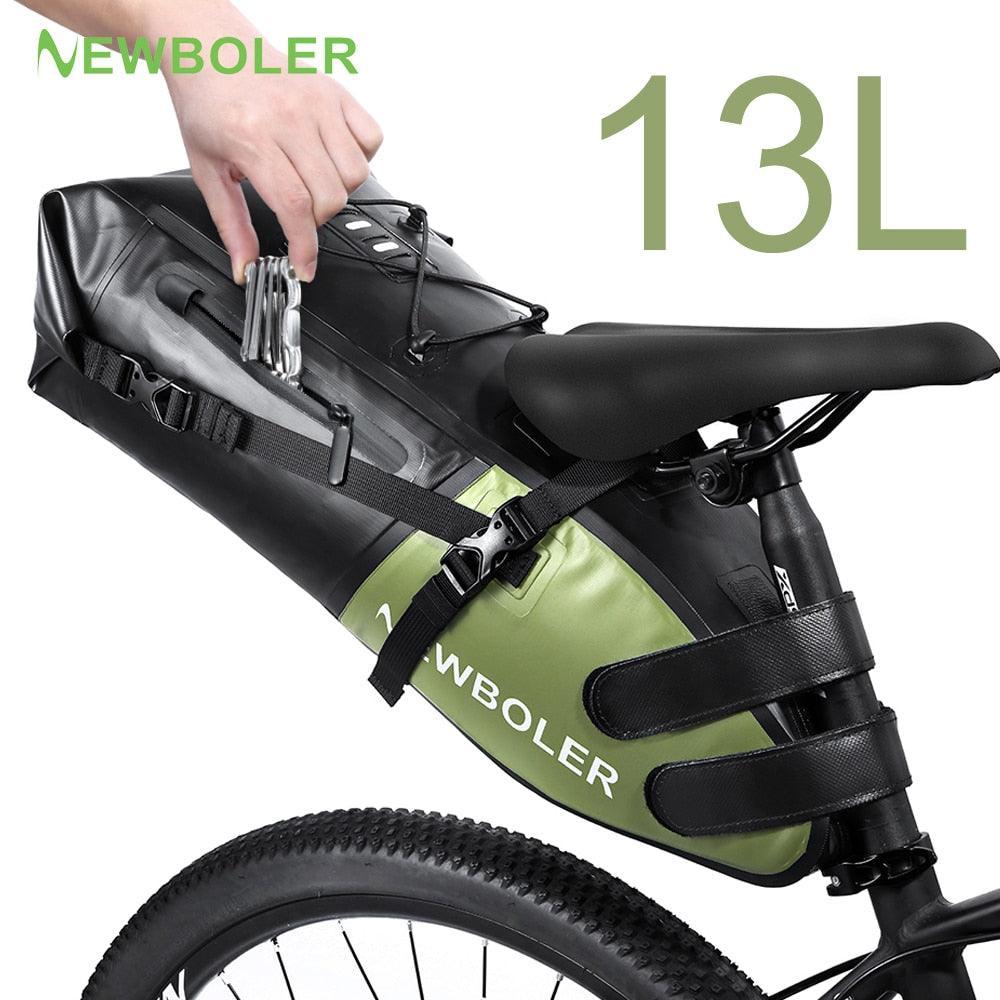 NEWBOLER 13L Bikepacking Saddle Bag - 100% Waterproof 500D PVC Tail Bag - Anti-Sway Seat Pack for Touring, MTB &amp; Long Distance Cycling