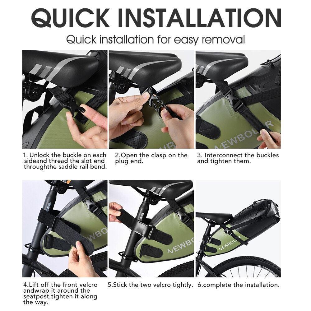 NEWBOLER 13L Bikepacking Saddle Bag - 100% Waterproof 500D PVC Tail Bag - Anti-Sway Seat Pack for Touring, MTB &amp; Long Distance Cycling