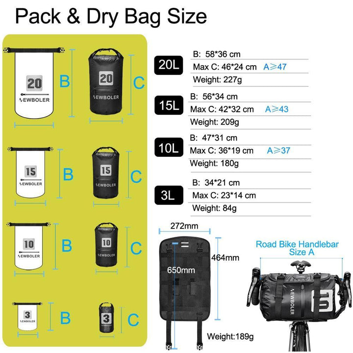 NEWBOLER 10L/15L/20L Waterproof Bike Handlebar Bag - IPX7 Dry Bag System - Ultralight Bikepacking Front Tube Bag with Reflective Design - Fits MTB &amp; Road Bike