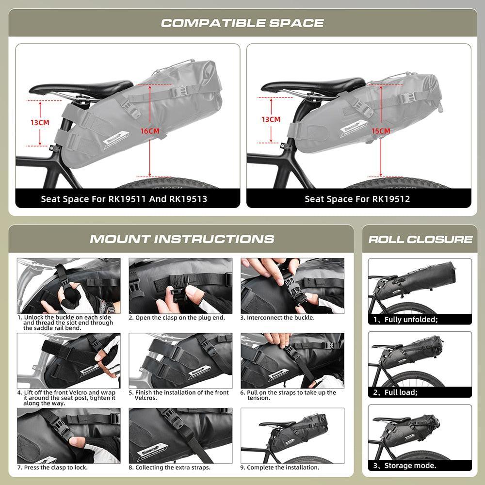 Rhinowalk RK19511/12/13 Waterproof Saddle Bag - High-Capacity Bikepacking Tail Bag - Seamless Welding Technology - Professional Rainproof Seat Pack