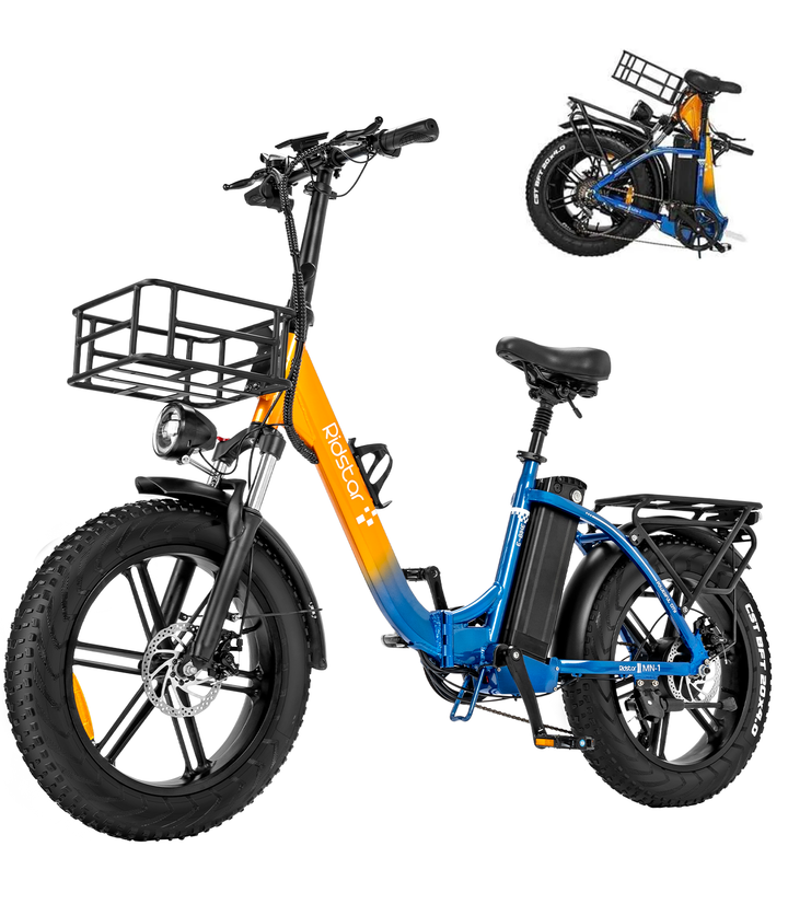 Ridstar MN20 1000W Step-Thru Fat Tire Folding Electric Bike with Basket | 48V 15Ah UL Certified Battery