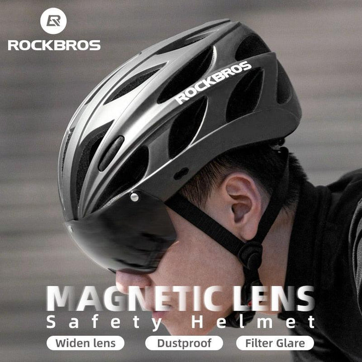 ROCKBROS Magnetic Goggles Bike Helmet - Integrally-molded MTB Road Helmet - Myopia Compatible Shield - Full Rear Coverage Safety Cap for Men &amp; Women