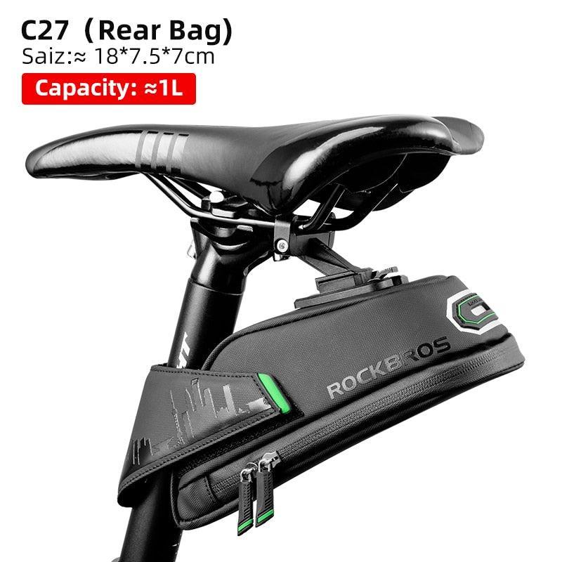ROCKBROS Rainproof Bike Saddle Bag - Quick Release Rear Seatpost Pannier - 1L/1.5L Large Capacity Tool Pouch with Taillight Hanger &amp; Reflective Design
