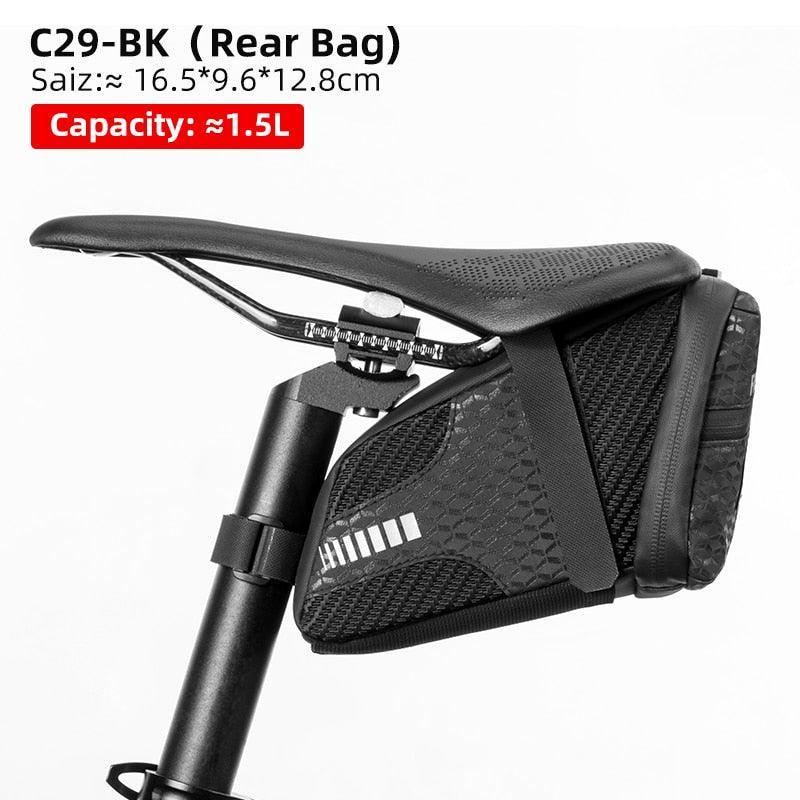 ROCKBROS Rainproof Bike Saddle Bag - Quick Release Rear Seatpost Pannier - 1L/1.5L Large Capacity Tool Pouch with Taillight Hanger &amp; Reflective Design