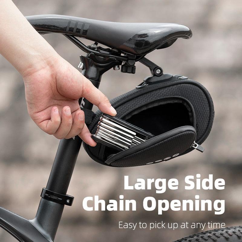 ROCKBROS Rainproof Bike Saddle Bag - Quick Release Rear Seatpost Pannier - 1L/1.5L Large Capacity Tool Pouch with Taillight Hanger &amp; Reflective Design