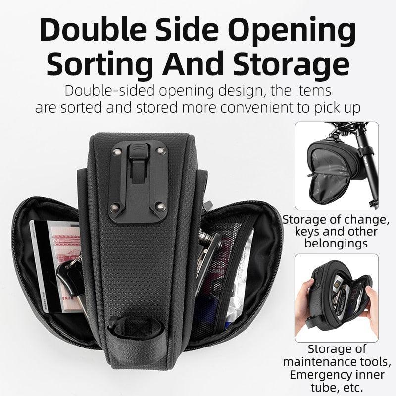 ROCKBROS Rainproof Bike Saddle Bag - Quick Release Rear Seatpost Pannier - 1L/1.5L Large Capacity Tool Pouch with Taillight Hanger &amp; Reflective Design