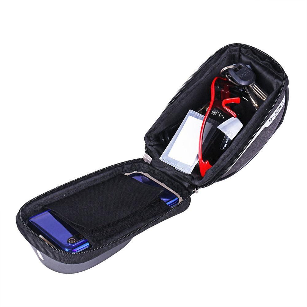 Universal Waterproof Bike Frame Bag - 7-inch Sensitive Touchscreen Phone Holder - Rainproof Top Tube Pouch with Sun Visor &amp; Earphone Jack for MTB &amp; Road Bikes