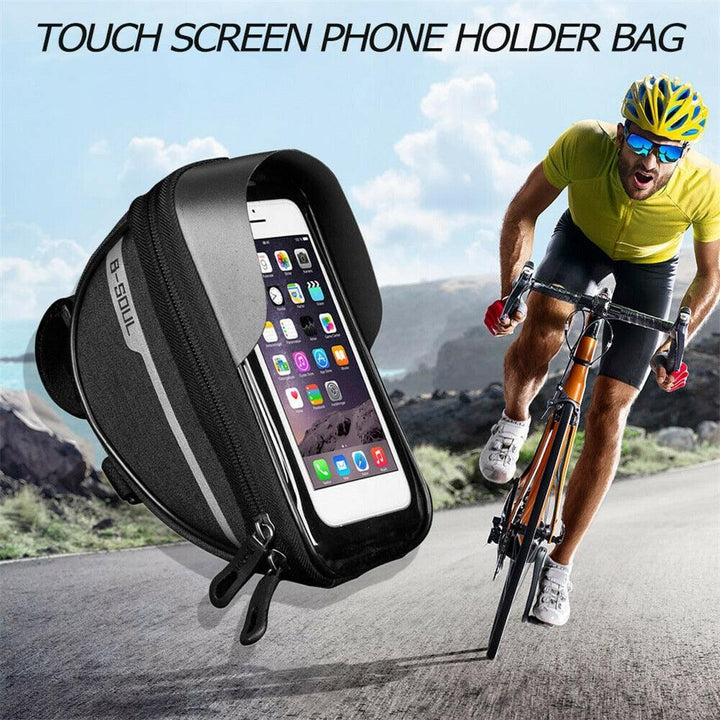 Universal Waterproof Bike Frame Bag - 7-inch Sensitive Touchscreen Phone Holder - Rainproof Top Tube Pouch with Sun Visor &amp; Earphone Jack for MTB &amp; Road Bikes