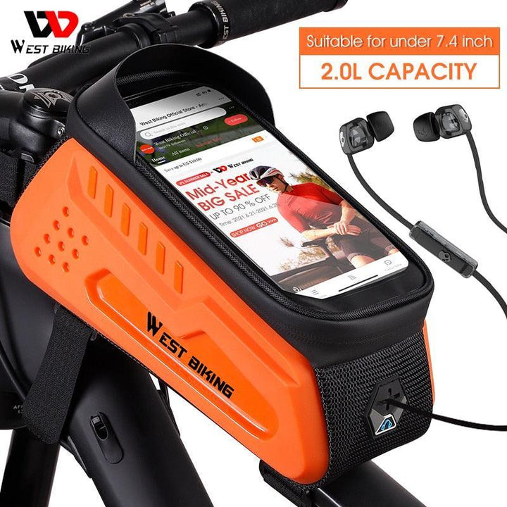 WEST BIKING Hard Shell Bike Frame Bag - Waterproof TPU Touch Screen Phone Holder (Up to 7.4") - 2L Large Capacity Top Tube Bag with Headphone Jack