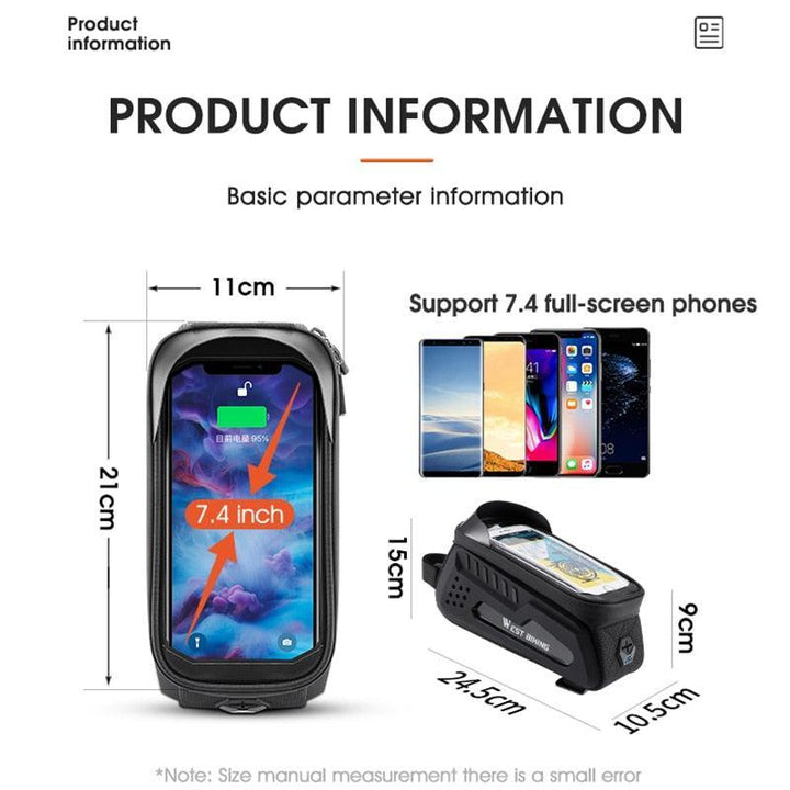 WEST BIKING Hard Shell Bike Frame Bag - Waterproof TPU Touch Screen Phone Holder (Up to 7.4") - 2L Large Capacity Top Tube Bag with Headphone Jack