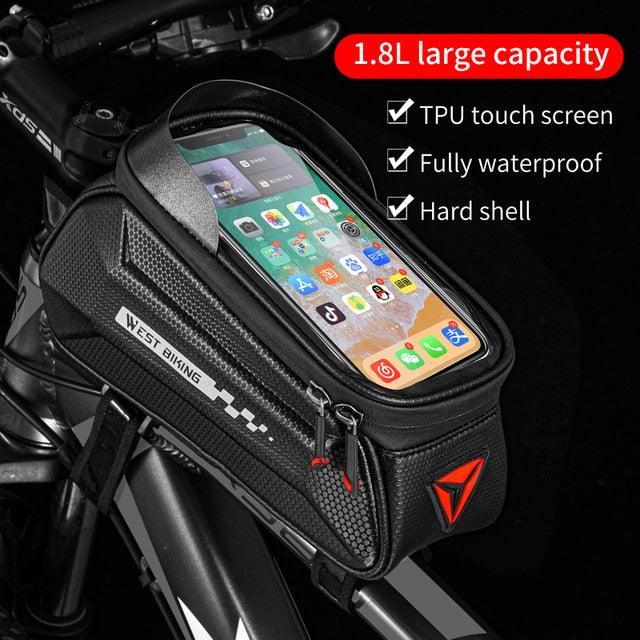 WEST BIKING Hard Shell Bike Frame Bag - Waterproof TPU Touch Screen Phone Holder (Up to 7.4") - 2L Large Capacity Top Tube Bag with Headphone Jack